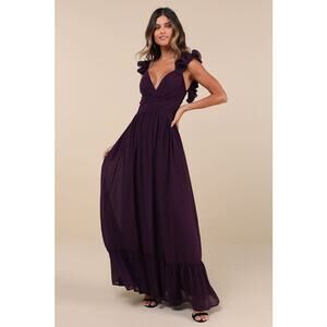 Lulus NWT Soiree Celebration Purple Ruffled Lace-Up Chiffon Maxi Dress Small